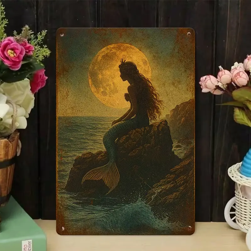 Vintage Full Moon Mermaid Metal Tin Sign - 8x12in Durable Waterproof Distressed Rustic Ocean Siren Cliff Wave Antique Oil Painting Wall Plaque, Coastal Nautical Room Decor for Bedroom, Poolside Universal Home Supplies Artwork, Bathroom Wall Art Decor, Dec