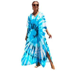 Plus Size Mumu Dresses for Women - Boho Batwing Sleeve Caftan with Side Slits, Long Moo Moo Nightgown & Beach Cover Up - Blue Vortex