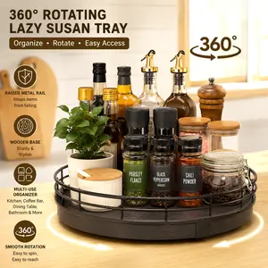 360° Rotating Lazy Susan Tray, Wooden Turntable Organizer with Metal Rail, Farmhouse Kitchen Countertop Spice Rack for Coffee Bar, Dining Table & Bathroom Vanity