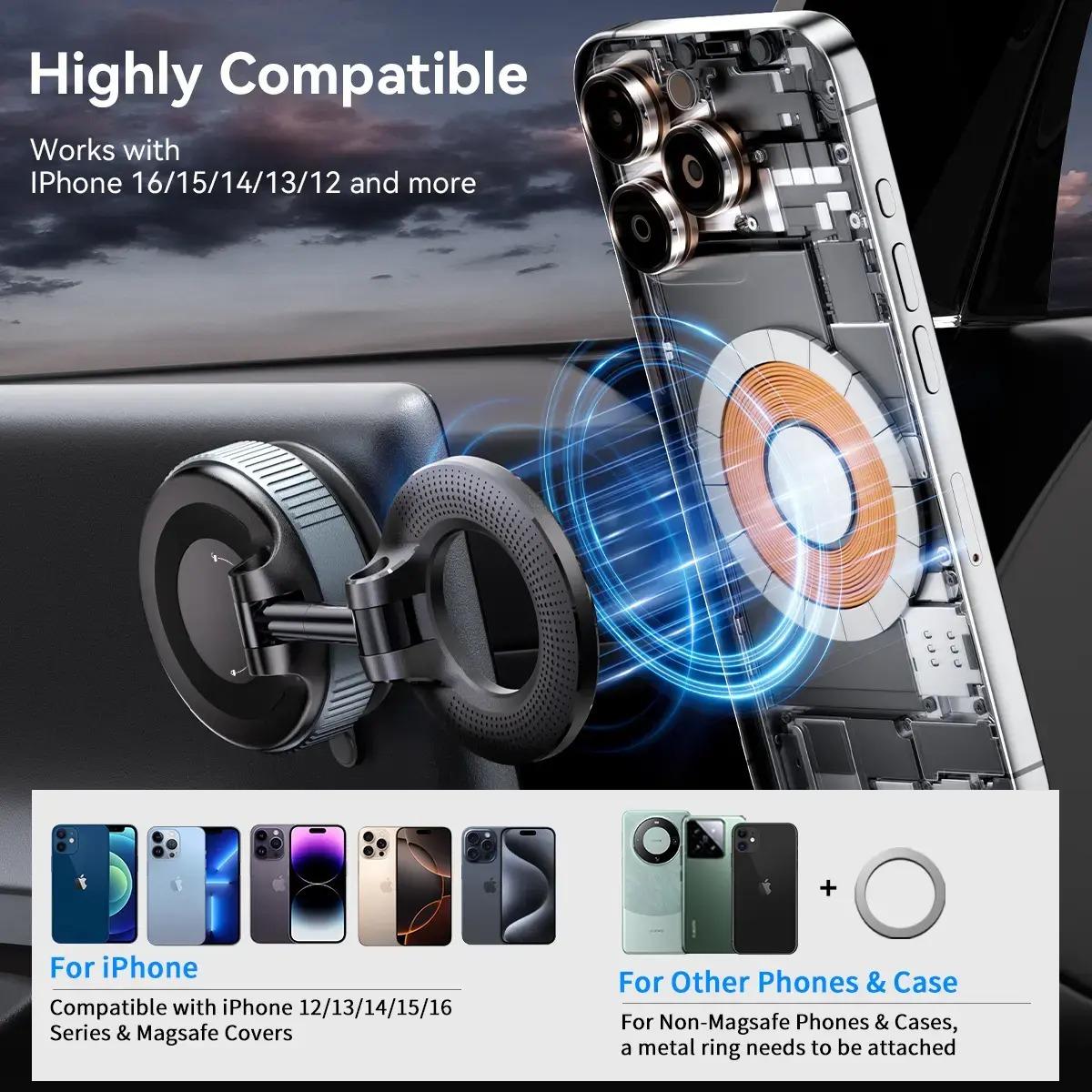 Upgraded Vacuum Magnetic Phone Holder, 360° Adjustable Dashboard Stand, Phone Mount for Car/Gym/Mirror, Compatible with iPhone & Android