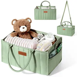 Baby Diaper Caddy Organizer, Portable Nursery Storage Basket with Compartments, Handle & Shoulder Strap for Newborn Baby Essentials, Gift for Baby Shower, Nursery, Travel, Car, Matcha Green