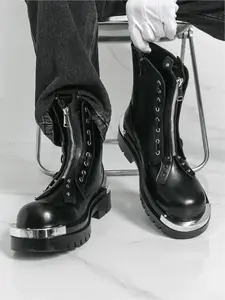 Men's Plus Size Black Punk Style High - Top Leather Boots, Casual Boots, Punk Functional Style, Leather Material, Eye - Catching & High Tolerance, Ideal for Trendy Outfits & Niche Occasions
