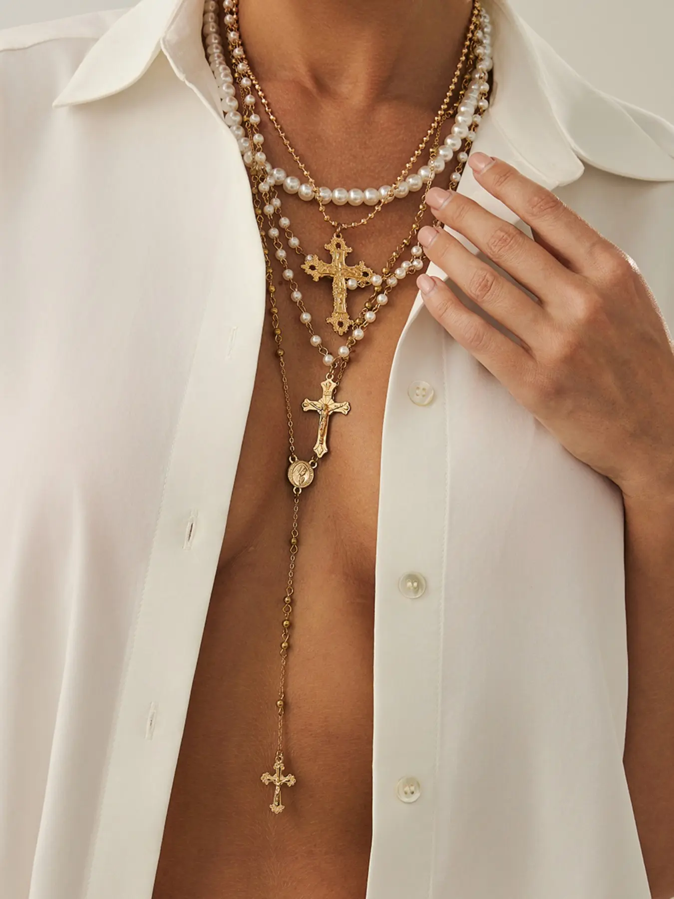 Women's Punk Style Cross Pendant Necklace Set, Zinc Alloy Chain, Faux Pearl Design, Fashion Jewelry Party, All Season Jewelry for Women Daily Wear & Parties, Multilayer Cross Necklace, Layered Cross Necklace