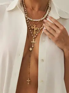 Women's Punk Style Cross Pendant Necklace Set, Zinc Alloy Chain, Faux Pearl Design, All Season Jewelry for Women Daily Wear & Parties, Multilayer Cross Necklace