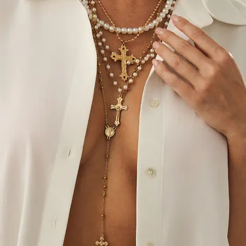 Women's Punk Style Cross Pendant Necklace Set, Zinc Alloy Chain, Faux Pearl Design, Fashion Jewelry Party, All Season Jewelry for Women Daily Wear & Parties, Multilayer Cross Necklace, Layered Cross Necklace