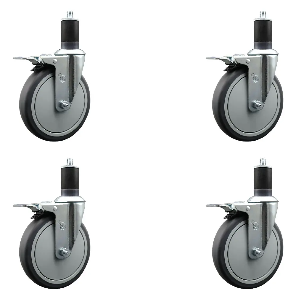 Service Caster 212 MAIN Heavy-Duty Lockable Thermoplastic Rubber Swivel Expanding Stem Caster Set of 4 (Model SCC-EXTTL20S614-TPRB-158-4) - 6 in. Gray Wheels, 1.63 in. Stems, 300 lbs per Unit, Total Locking Brakes, for Work Tables, Lockable Wheels
