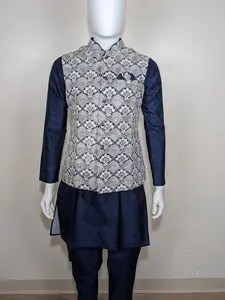 Men's hakoba chikan embroidery 3-piece kurta set - Blue