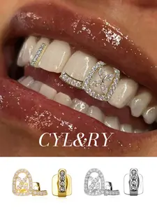 CYL&RY 18K Gold Plated Iced Out Flower Hollow-Out CZ Gold/Silver Grillz Set, Tooth Gem, Perfect for Daily Commutes, Brunch Dates Y2K Aesthetic Outfits, Hip Hop Concerts Club Nights Festival Outfits Lightweight Comfortable