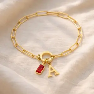 Personalized Initial & Birthstone Bracelet, Paperclip Chain, Dainty Custom Charm Bracelet for Women, Stackable Jewelry Gift for Mom, Daughter, or Best Friend