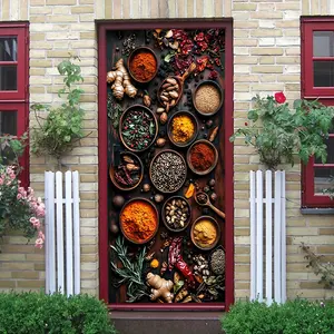 2pcs Vintage Kitchen Spices Theme Wall Stickers Retro Wooden Background Spice Pattern Self Adhesive Wallpaper Removable Waterproof Wall Decor for Dining Room Kitchen Bar Home Decoration Accessories Colla