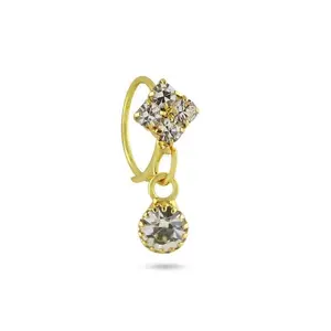 14K Gold Plated 4 Diamond Studded Large Diamond End Nose Ring - Adjustable, Hypoallergenic, Tarnish-Free, Handmade in India