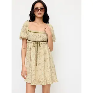 Cider Floral Square Neck Puff Sleeve Ruffled Smock Mini Dress