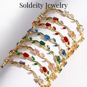 Delicate Fashion Trendy Pink Blossom Flower Bow Green Leaf Cubic Zirconia Link Bracelet for Women Dainty Sakura Floral Chain Adjustable Jewelry for Her
