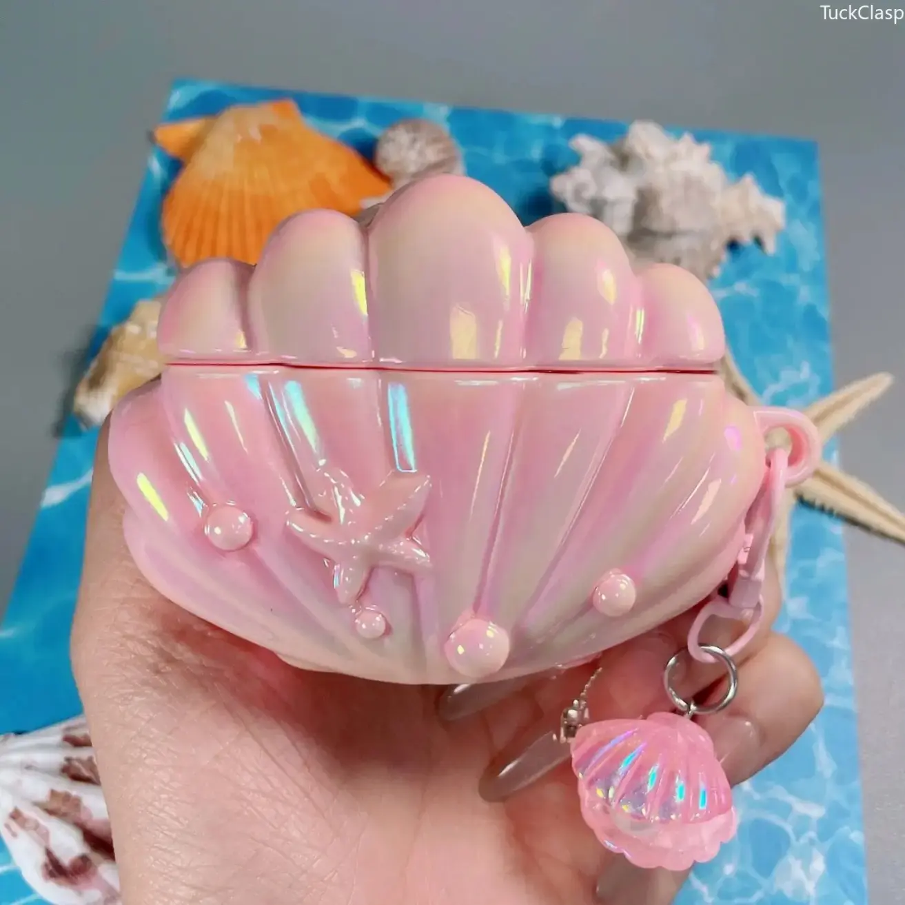 Pink Shell Electroplated AirPods Case with Sea Shell Pendant, Protective Cover Compatible with AirPods 1/2/3/4/Pro/Pro 2, Cute Stylish Accessory for Girls, Durable Everyday & Travel Use