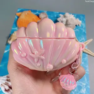 Pink Shell Electroplated AirPods Case with Sea Shell Pendant, Protective Cover Compatible with AirPods 1/2/3/4/Pro/Pro 2, Cute Stylish Accessory for Girls, Durable Everyday & Travel Use