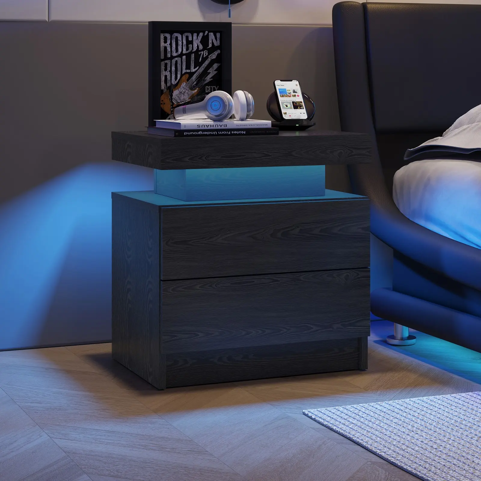 LED Night Stand with 2 Drawers - Black Bedside Cabinet, Modern 19.30 x 13.80 x 20.50 Inches 33.06 lbs Bedroom Side Table with LED Lights (Nightstands with Drawer Design)