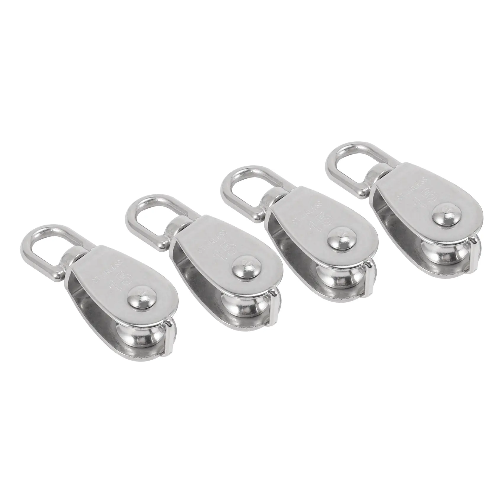 4PCS Single Pulley Block M15 Stainless Steel Small Pulley Roller For Rope Cord in Outdoor 360°Swivel Silver Pulley