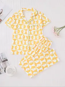 Women's Floral Pajama Set, Elegant All-Over Printed Short Sleeve Top & Wide Leg Pants, Comfortable Sleepwear for Home & Travel