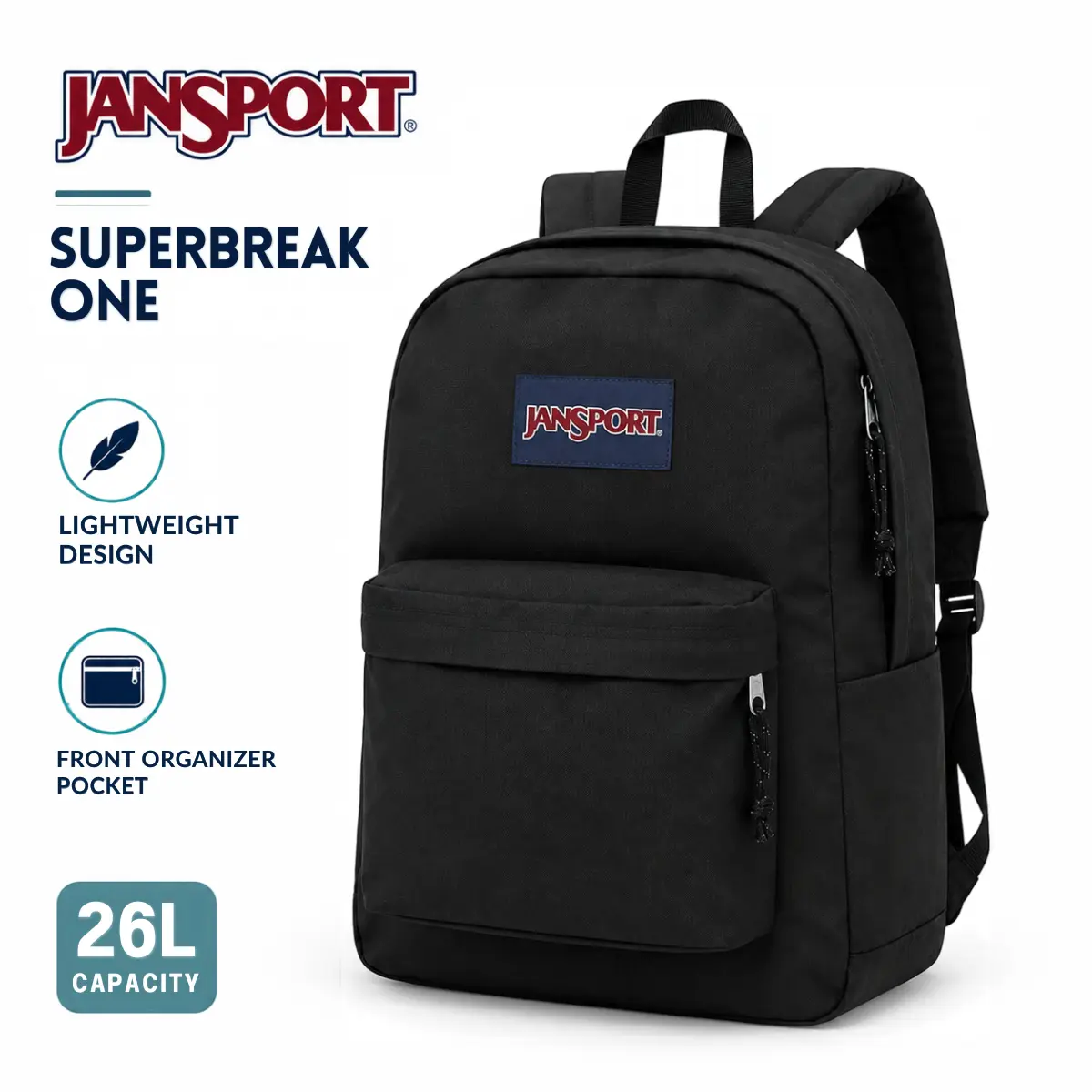 JanSport SuperBreak Versatile School Backpack – Durable Lightweight Bookbag with Spacious Main Compartment, Front Organizer Pocket for School Supplies & Daily Essentials, Everyday Carry Backpack for Teens, Students, Back to School Gift – Classic Black