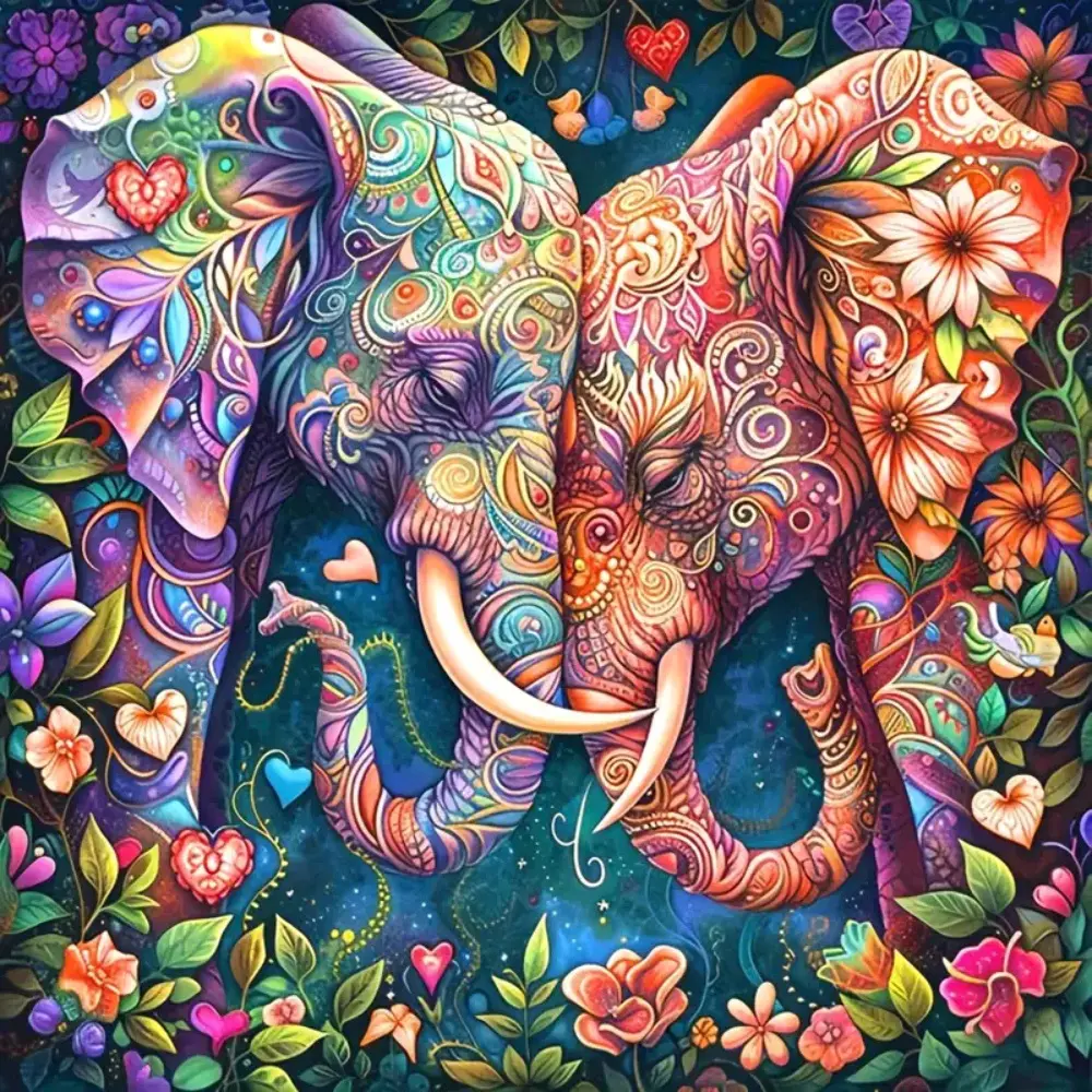 Colorful Elephants in Mandala Pattern with Flowers and Hearts, Embroidered Floral Design, Multiple sizes including square diamonds, 5D DIY diamond painting set, diamond art embroidery kit, furniture decor, holiday gift, Crafts