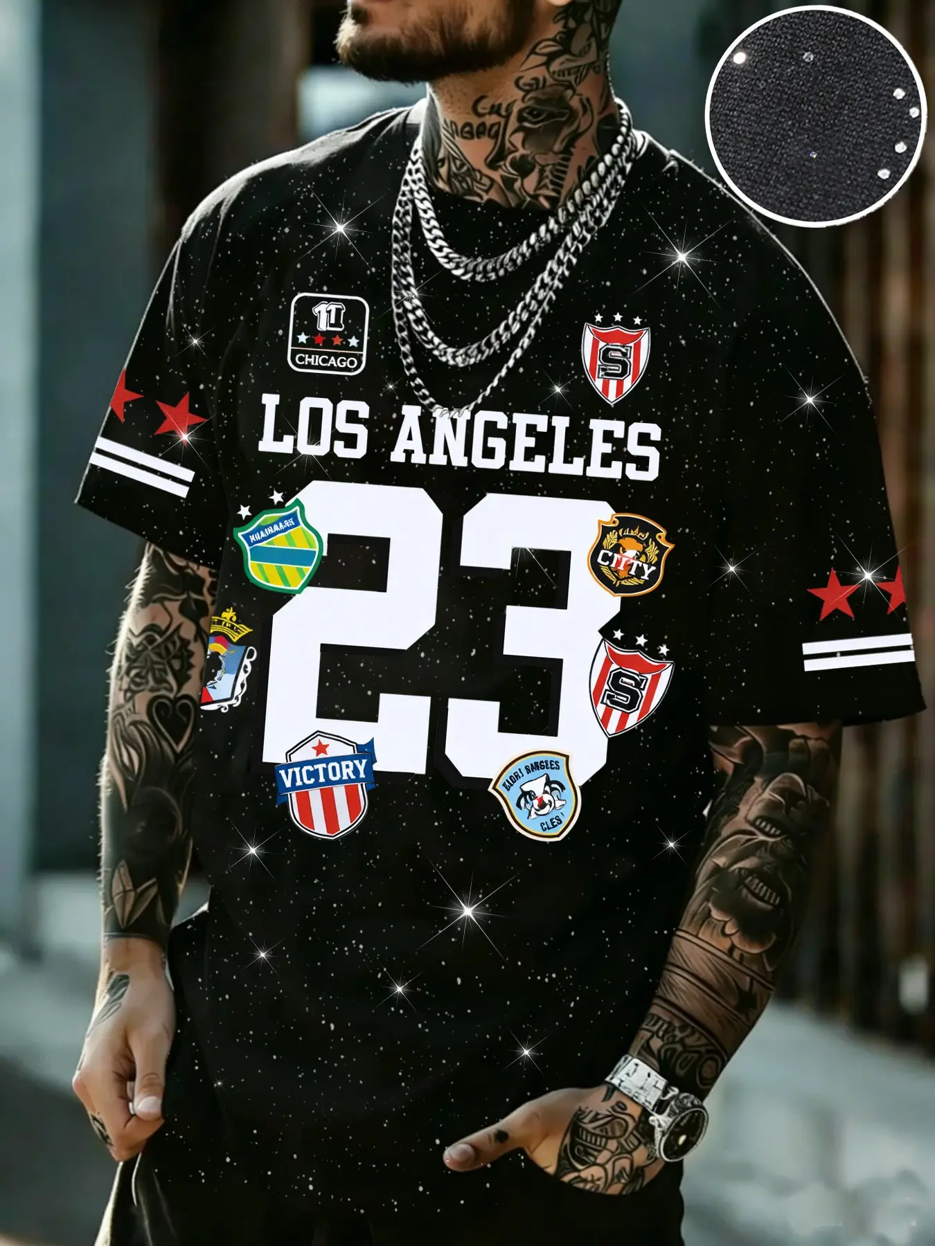 Men's Casual Streetwear Short Sleeve T-Shirt, Round Neck, Starry Background with Number 23, Los Angeles Chicago City Badges, Retro Vintage Sporty Style