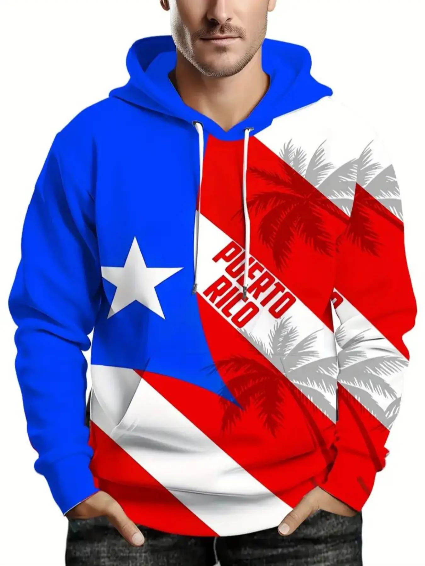 Men's Puerto Rico Flag Graphic Print Hoodie, Vintage Colorblock Long Sleeve Casual Sweatshirt, Lightweight Polyester Blend, Drawstring Hood, Fitted