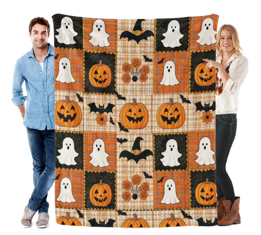 Halloween pumpkin ghost printed blanket, 2D autumn flannel throw blanket, comfortable festive decoration, perfect autumn checkered 2D bedding, sofa throw blanket, suitable for adult style, autumn room decoration, ghostly cute and warm gift choice