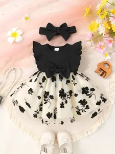 2PCS Baby Girl Bow Ruffle Floral Embroidery Mesh Princess Dress & Headband Set