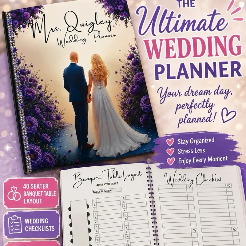 Custom Name Wedding Planner - Office Stationery Personal Organiser with Name Customization, Planning Tool, Wedding Checklists