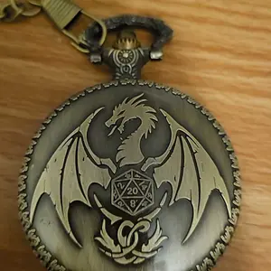 Fantasy Flying Dragon Design Watch Case with Chain & Dice, Vintage Style Watch Case with Chain & Dice, Role Playing Game Accessories