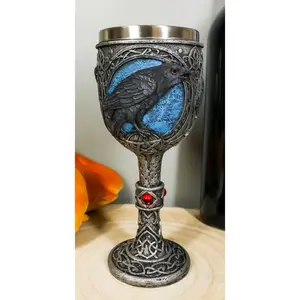 Ebros Moonlight Raven Crow With Celtic Tribal Tattoo Wine Goblet Chalice 7.25"H