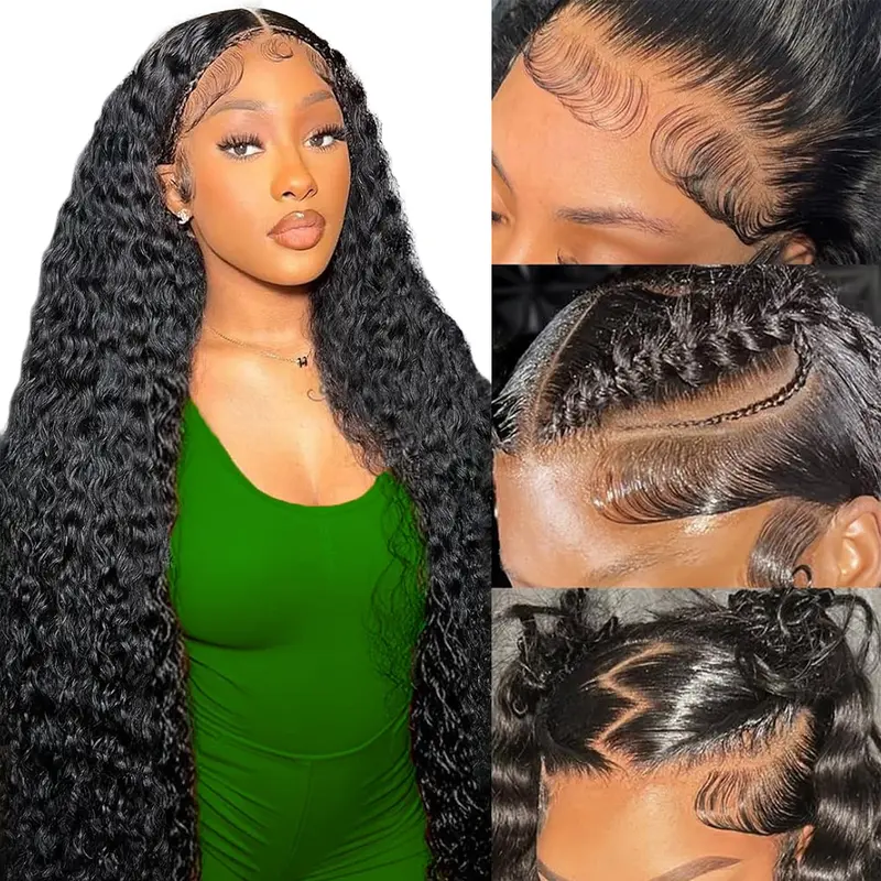 Zlzlblbl Deep Wave Lace Front Wigs Human Hair 200 Density 13x6 HD Lace Frontal Wigs Human Hair Pre Plucked Deep Glueless Wigs Human Hair for Women Natural Black #