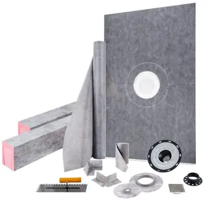 Watertight Shower Curb Tool Kit for Bathroom Renovations & Bathroom Fixtures, 48x72 Overlay, 4 PVC Bonding Flanges, 4 Stainless Steel Grates, 2 Cuttable Curbs, Trowel, Shower Pan Slope Sticks, PVC Material