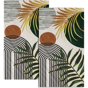 Boho Leaves Hand Towels Mid Century Fingertip Towel Set of 2 Soft Kitchen Dish Towels Decorative Bathroom Towels for Bath Guest Gym