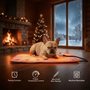 Heated Dog Bed Pad for Dogs & Cats 9 Heat Levels Dual-Layer Safe Heating Auto Shut-Off Timer Chew-Resistant Cord Machine Washable Indoor Winter Pet Bed