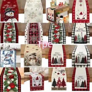 Vintage Snowman Christmas Table Runner, Cotton Linen Fruit Pinecone Table Decor, Winter Holiday Poinsettia Snowflake Print, Party Decoration