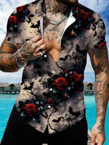 Rose Printed Short Sleeve Collared Button Front Shirt, Men's Summer Casual Fitted Shirt, Retro Floral Design Top