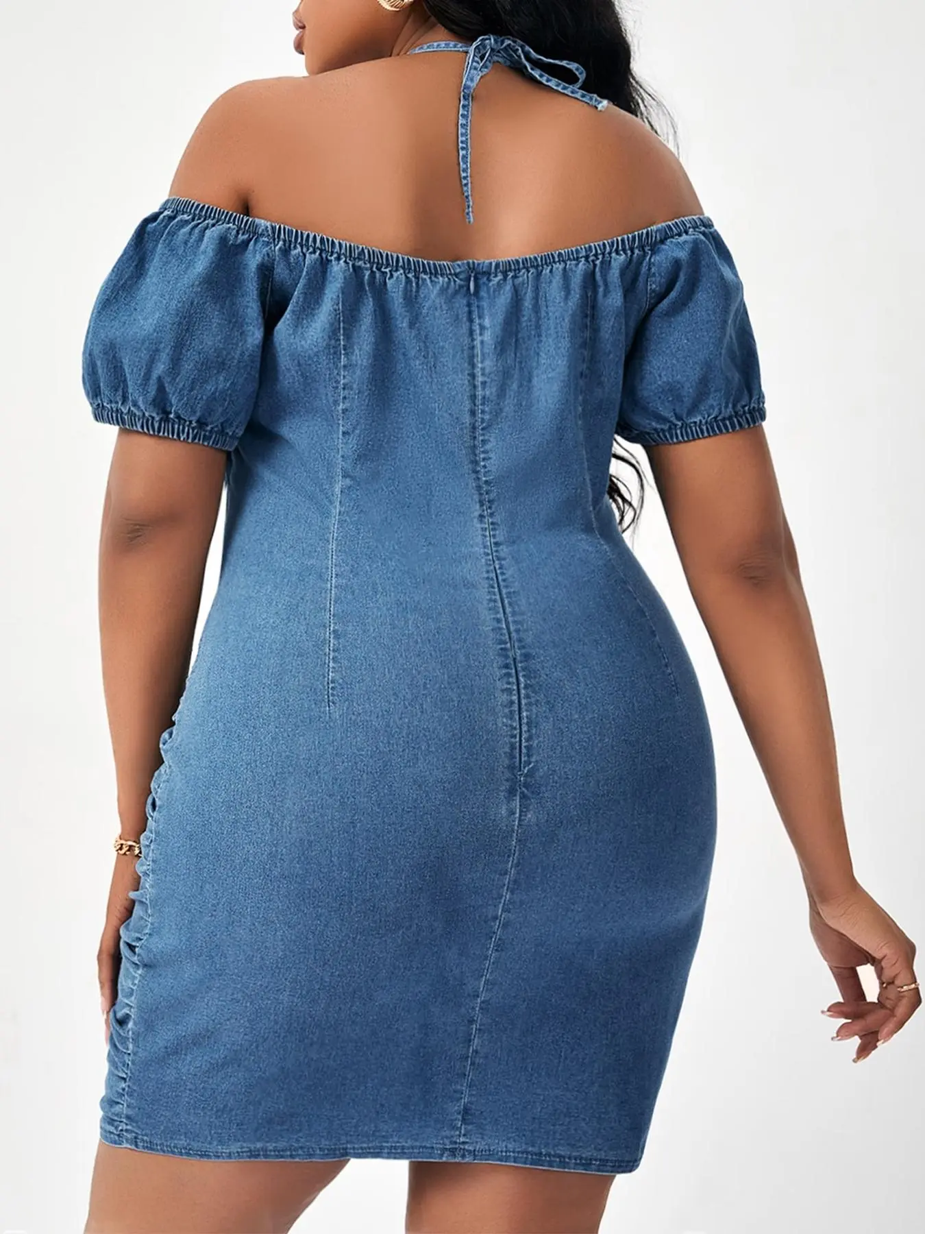 bodycon plus size denim dress PLUS SIZE SHORT PUFF SLEEVE DENIM BODYCON MINI DRESS