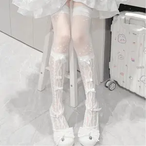 1Pair Japanese-Style Lolita Cross-Bow Glass Silk Ribbon Over-The-Knee Stockings, White Thigh-High Socks, Cute Women'S Socks