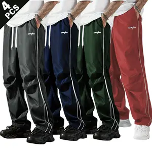 Menswear Stylish Street-Style Casual Long Trousers, 4-Pack with Side Stripes, Drawstring Waist, Loose Straight Fit, Minimalist Letter Print, Comfortable Breathable Fabric, Ideal for Everyday Streetwear, Campus Wear - Athletic Sportswear,summervibes