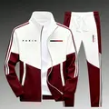 Men's 2-Piece Paris Logo Sportswear Set - Sports Outerwear Jacket & Jogging Pants, Geometric Print, Stand-Up Collar, Zipper Closure, Color-Matching Design, All-Season Streetwear Fashion Apparel Clothes Suits
