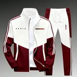 Men's 2-Piece Paris Logo Sportswear Set - Sports Outerwear Jacket & Jogging Pants, Geometric Print, Stand-Up Collar, Zipper Closure, Color-Matching Design, All-Season Streetwear Fashion Apparel Clothes Suits