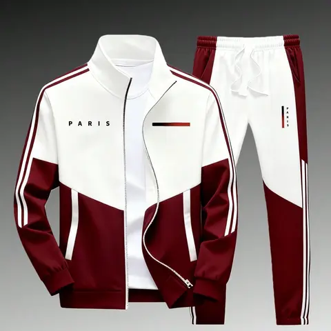 Men's 2-Piece Paris Logo Sportswear Set - Sports Outerwear Jacket & Jogging Pants, Geometric Print, Stand-Up Collar, Zipper Closure, Color-Matching Design, All-Season Streetwear Fashion Apparel Clothes Suits