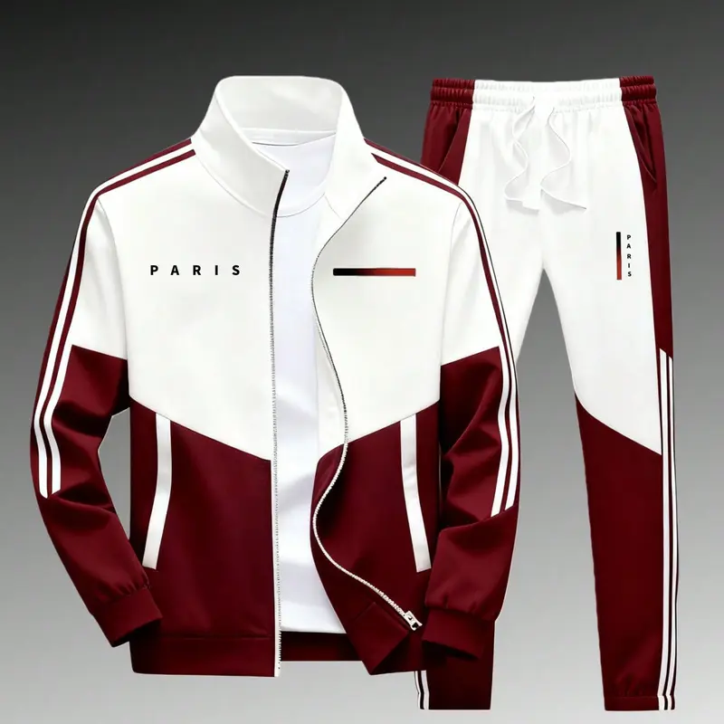 Men's 2-Piece Paris Logo Sportswear Set - Sports Outerwear Jacket & Jogging Pants, Geometric Print, Stand-Up Collar, Zipper Closure, Color-Matching Design, All-Season Streetwear Fashion Apparel Clothes Suits