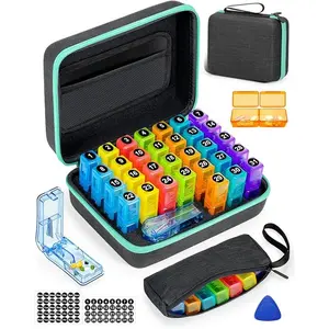 Monthly Pill Organizer 2 Times a Day, with Weekly Pill Bag, Portable Hard Shell, Pill Cutter, Plastic Opening Pick, Monthly & Weekly Stickers, Convenient Medication Management and Tracking