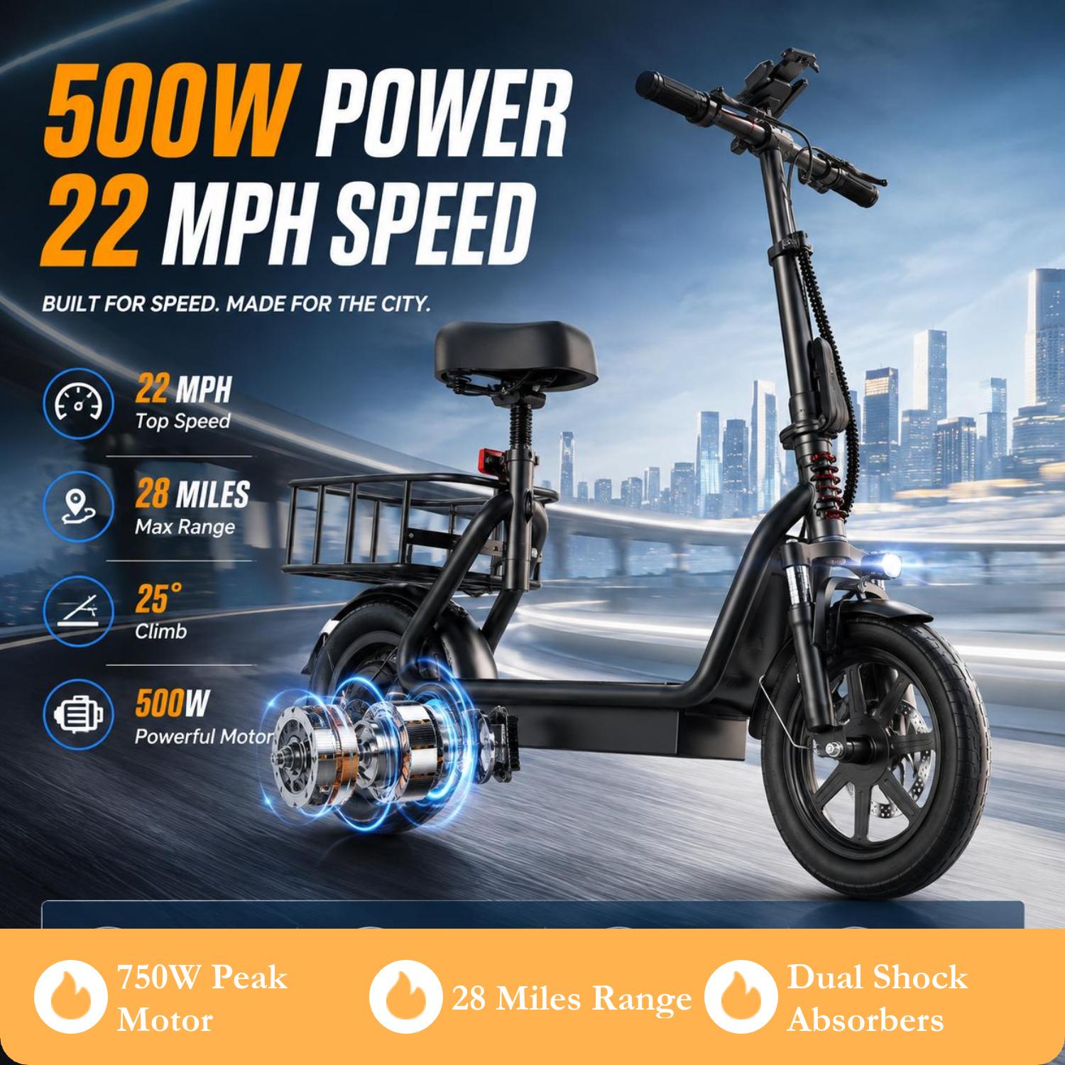 Adult Foldable Folding Escooter with Adjustable Height Seat, Basket, 750W Motor, 20 MPH Max Speed, 28 Mi Range, 14-Inch Pneumatic Tires, Dual Suspension, Enhanced Safety, 265 lbs Capacity Multifunctional Commuter Electric Scooter