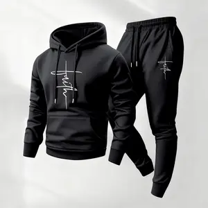 Men's Faith Printed Hoodie and Drawstring Sweatpants Set, Menswear, Casual Athletic Long Sleeve Hooded Jacket & Trousers for Fall & Winter, Men's Clothing for Daily Wear, Sportswear Indoor Outdoor, Tracksuit, Athleisure Summer Clothes