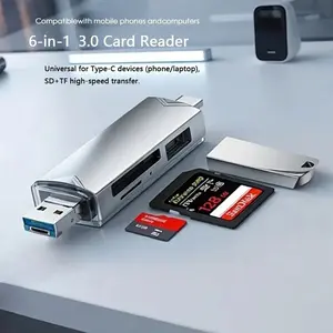 6 in 1 USB Hub Card Reader, Multifunctional USB High Speed Card Reader, Type-C/USB-C/Micro USB Card Reader, Compatible with SD, TF Card, U Disk, Memory Card Reader