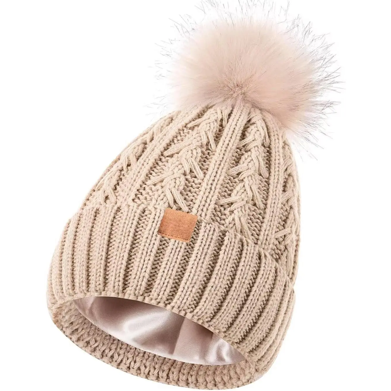 Satin Lined Beanie for Women with Pom Pom, Fashionable Womens Winter Hats Silk Beanies, Cute Warm Knit Hat Skull Cap