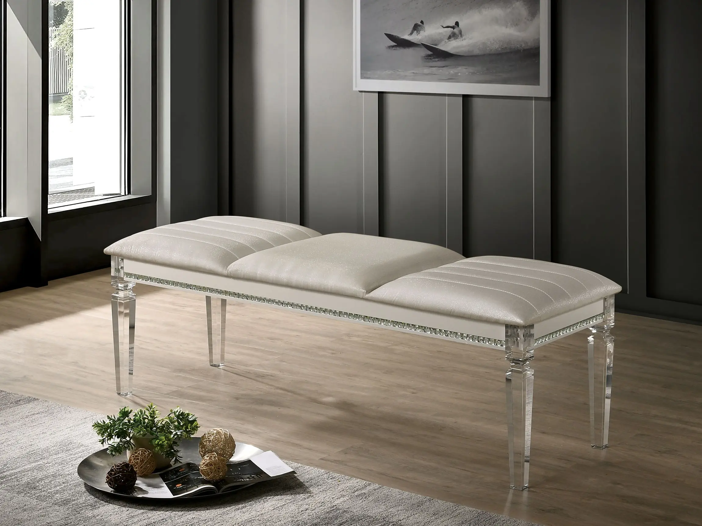 Luxie Elegant Pearl White Upholstered Bench with Clear Acrylic Legs – Modern Luxury Seating
